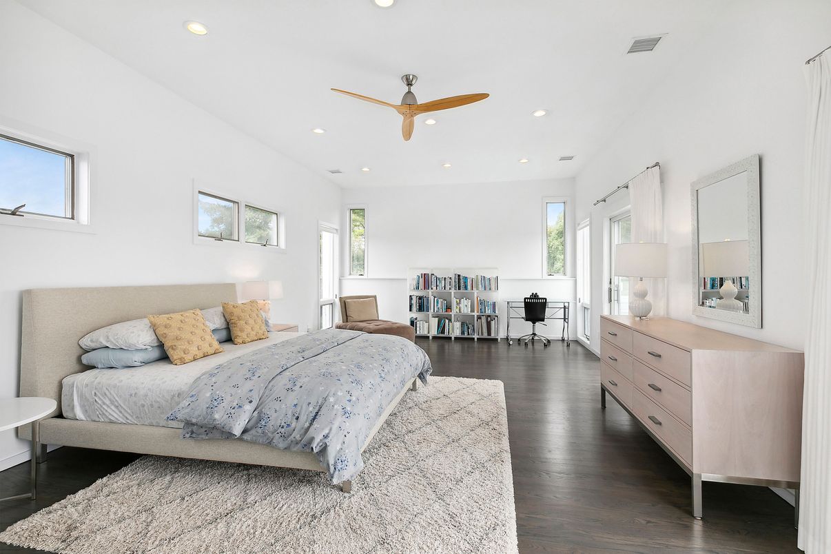 Bedroom, Interior, Recessed Lighting, Wood Texture Flooring