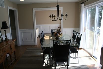 Chandelier, Dining room, Interior, Recessed Lighting, Wood Texture Flooring