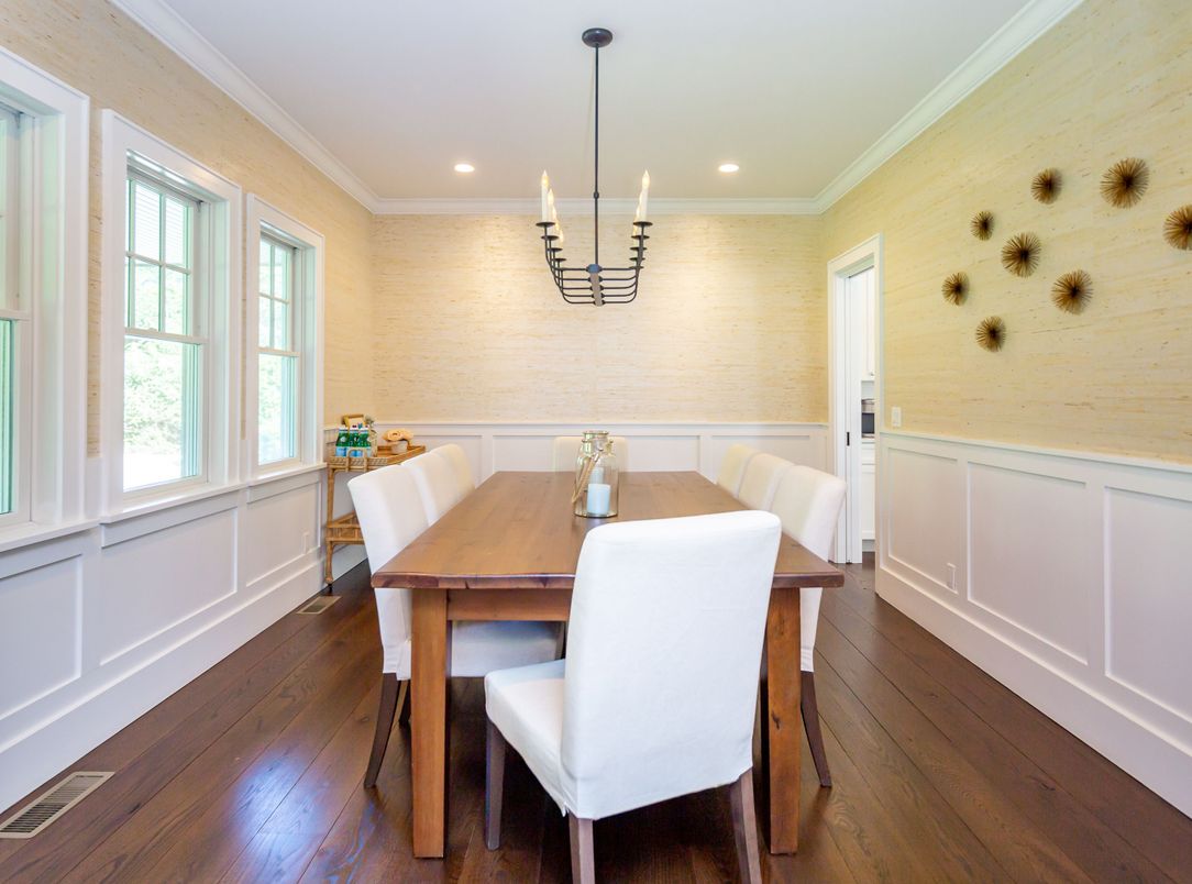 Dining room, Interior, Pendant Lights, Recessed Lighting, Wood Texture Flooring