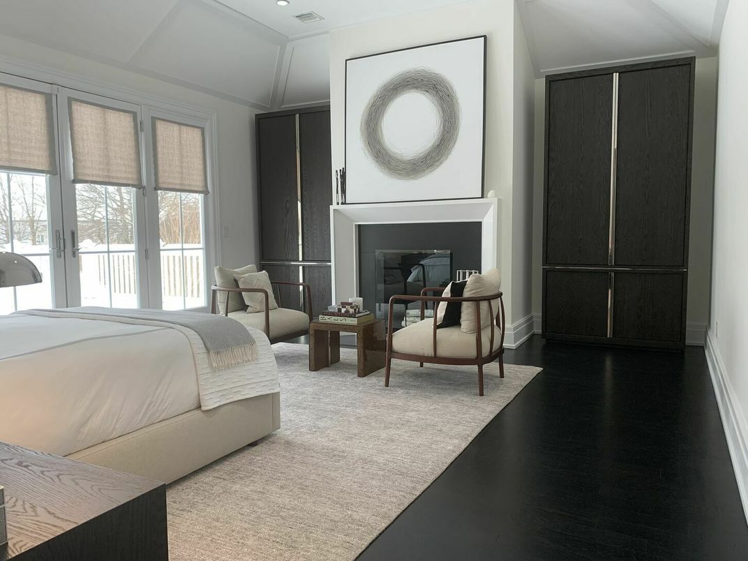 Bedroom, Fireplace, Interior, Recessed Lighting, Wood Texture Flooring
