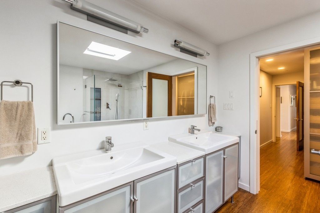 Bathroom, Dual Sink Vanities, Glass Shower, Interior, Recessed Lighting, Wood Texture Flooring