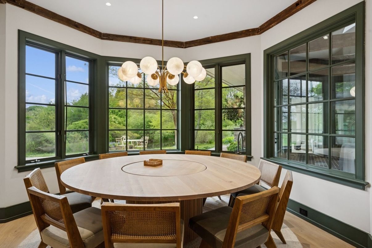 Chandelier, Dining room, Interior, Pendant Lights, Recessed Lighting, Wood Texture Flooring