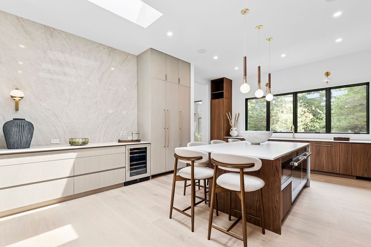 Interior, Kitchen, Marble Walls, Pendant Lights, Recessed Lighting, Wood Texture Flooring