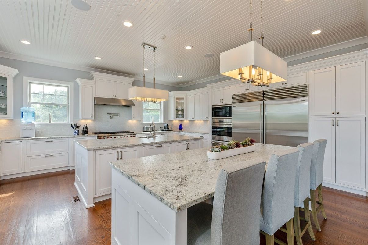 Chandelier, Interior, Kitchen, Pendant Lights, Recessed Lighting, Stainless Steel Appliances, Wood Texture Flooring