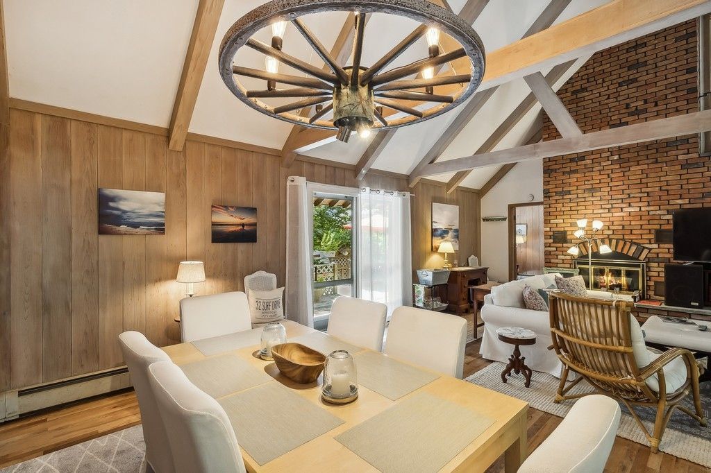 Chandelier, Dining room, Fireplace, Interior, Living room, Stone Walls, Wooden Beams, Wood Texture Flooring, Wooden Walls