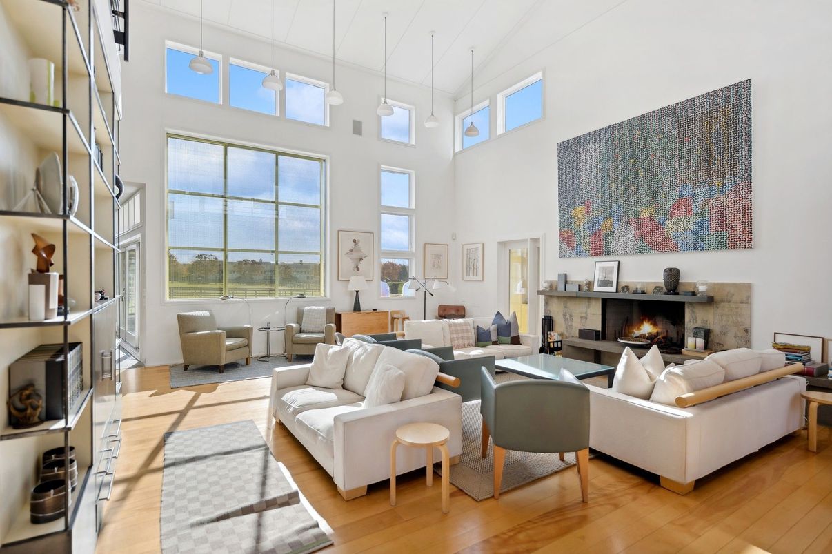 Fireplace, Interior, Living room, Pendant Lights, Wood Texture Flooring