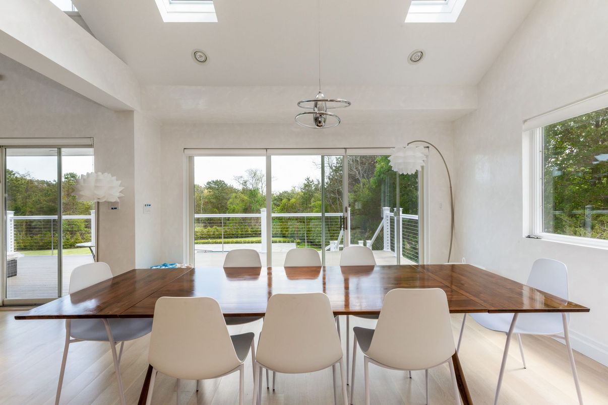 Dining room, Interior, Pendant Lights, Recessed Lighting, Wood Texture Flooring