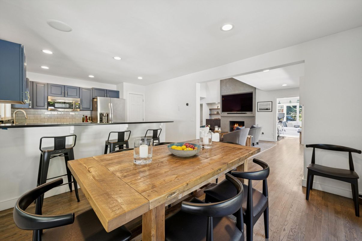 Dining room, Fireplace, Interior, Kitchen, Recessed Lighting, Wood Texture Flooring