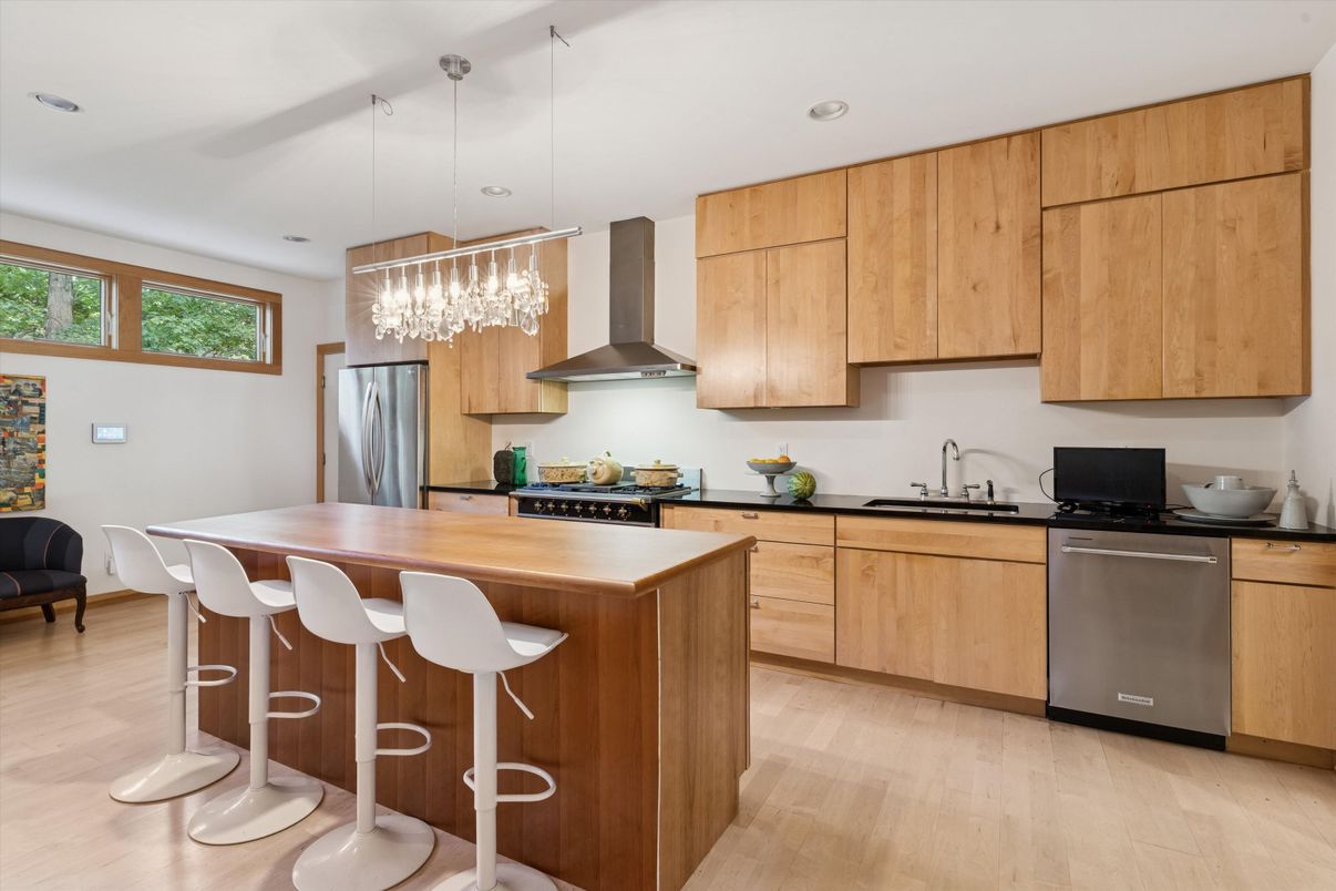 Interior, Kitchen, Pendant Lights, Recessed Lighting, Stainless Steel Appliances, Wood Texture Flooring