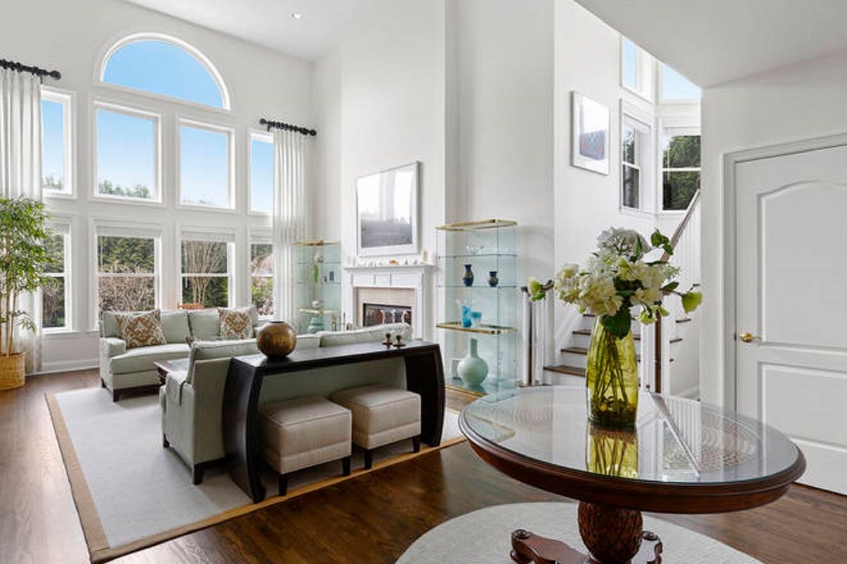 Dining room, Fireplace, Interior, Living room, Recessed Lighting, Wood Texture Flooring