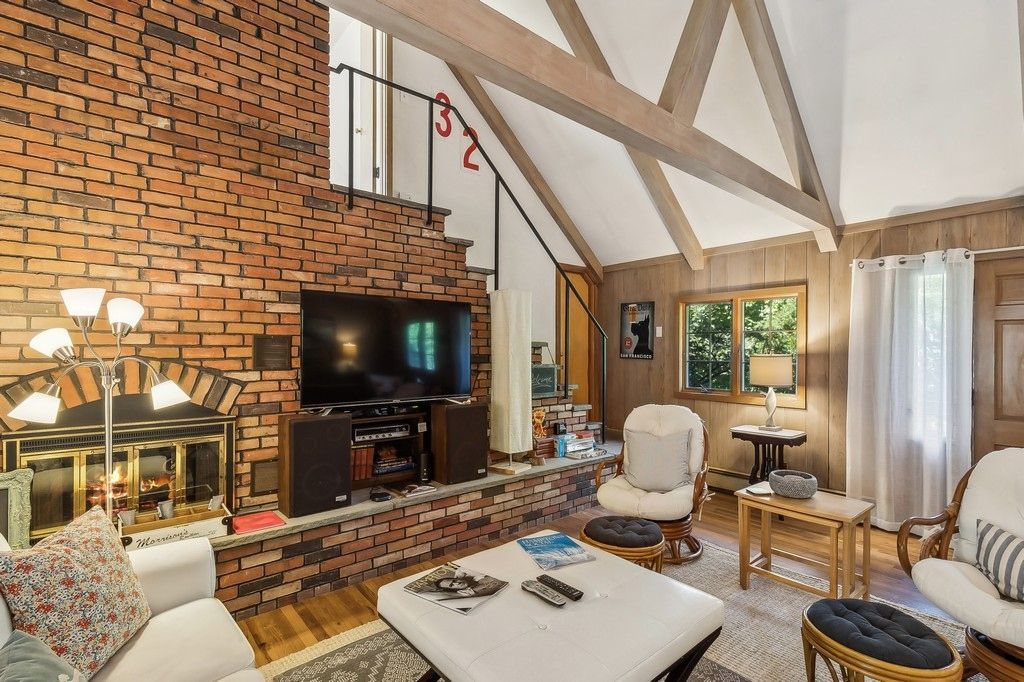 Fireplace, Interior, Living room, Stone Walls, Wooden Beams, Wood Texture Flooring