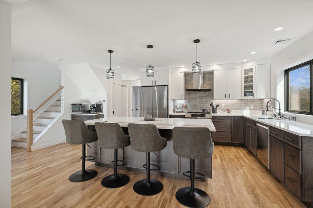 Interior, Kitchen, Pendant Lights, Recessed Lighting, Stainless Steel Appliances, Wood Texture Flooring