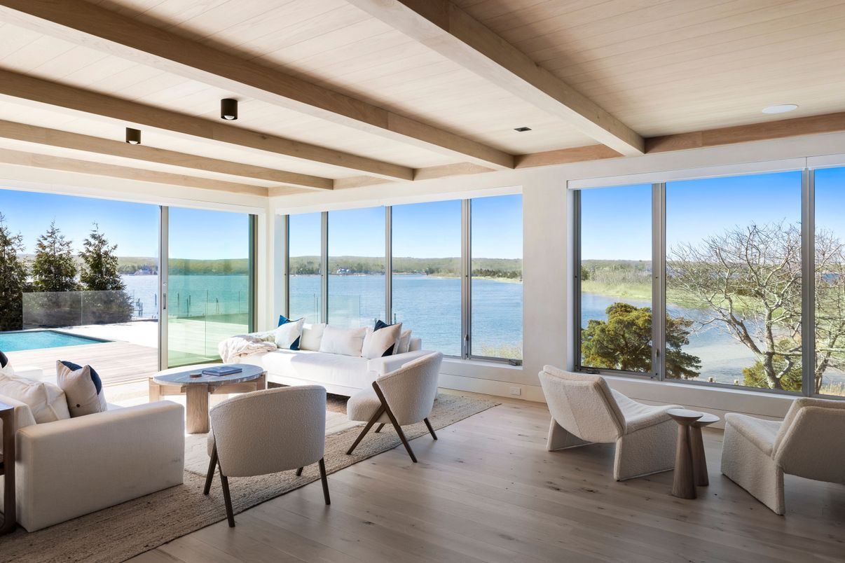 Interior, Living room, Recessed Lighting, Water, Wooden Beams, Wooden Ceilings, Wood Texture Flooring