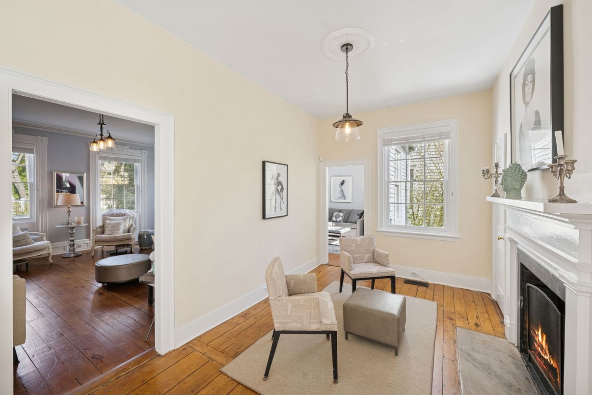 Fireplace, Interior, Living room, Pendant Lights, Wood Texture Flooring