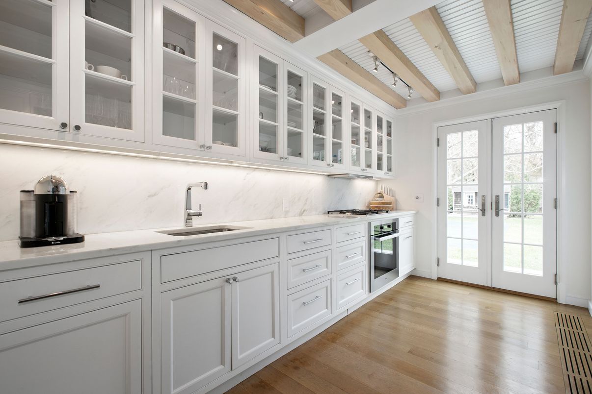 Interior, Kitchen, Marble Walls, Wooden Beams, Wood Texture Flooring