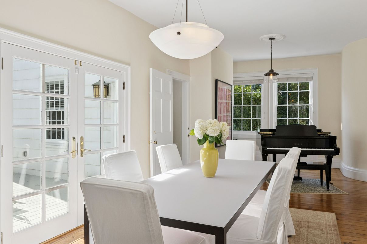 Dining room, Interior, Pendant Lights, Piano, Wood Texture Flooring