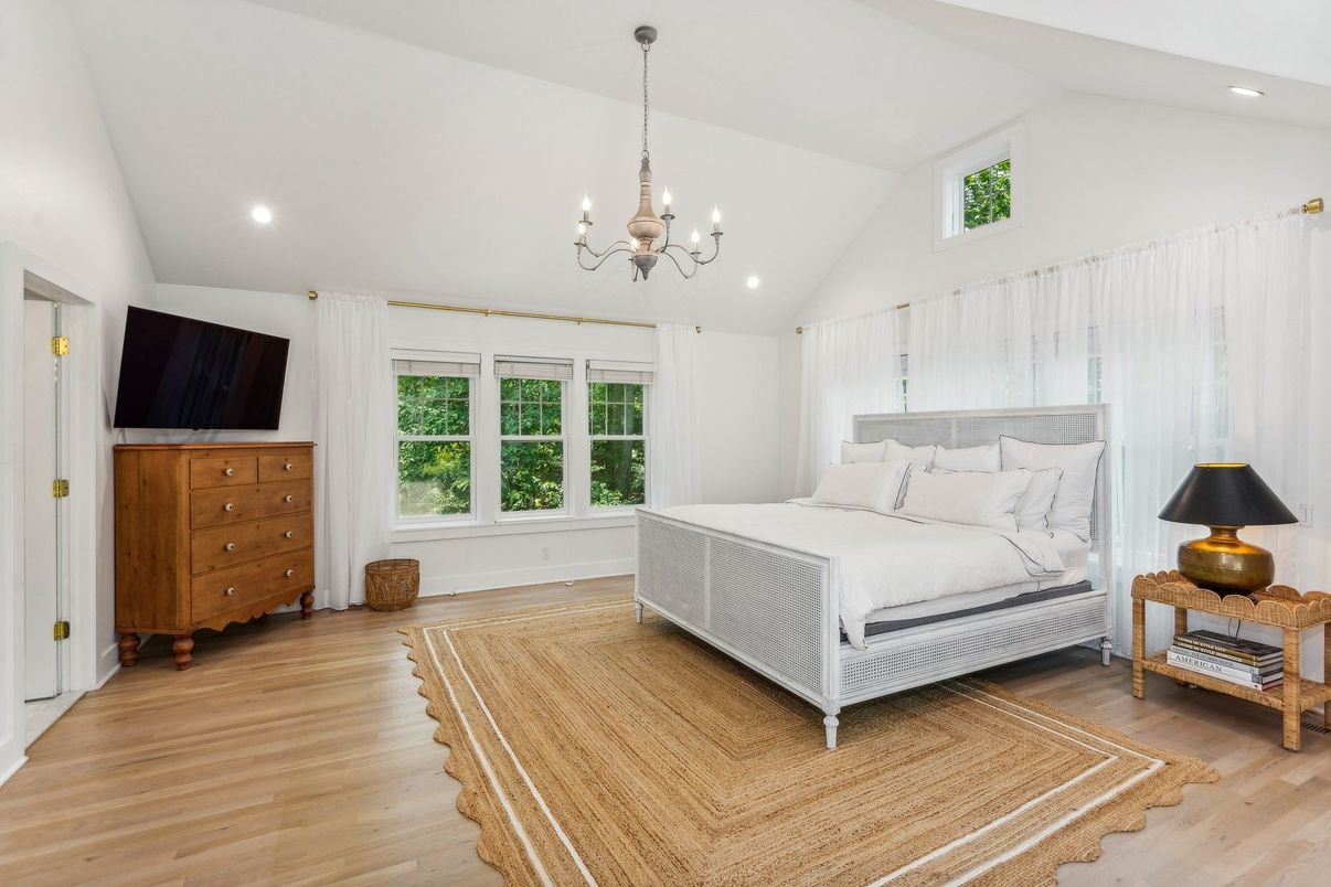 Bedroom, Chandelier, Interior, Recessed Lighting, Wood Texture Flooring
