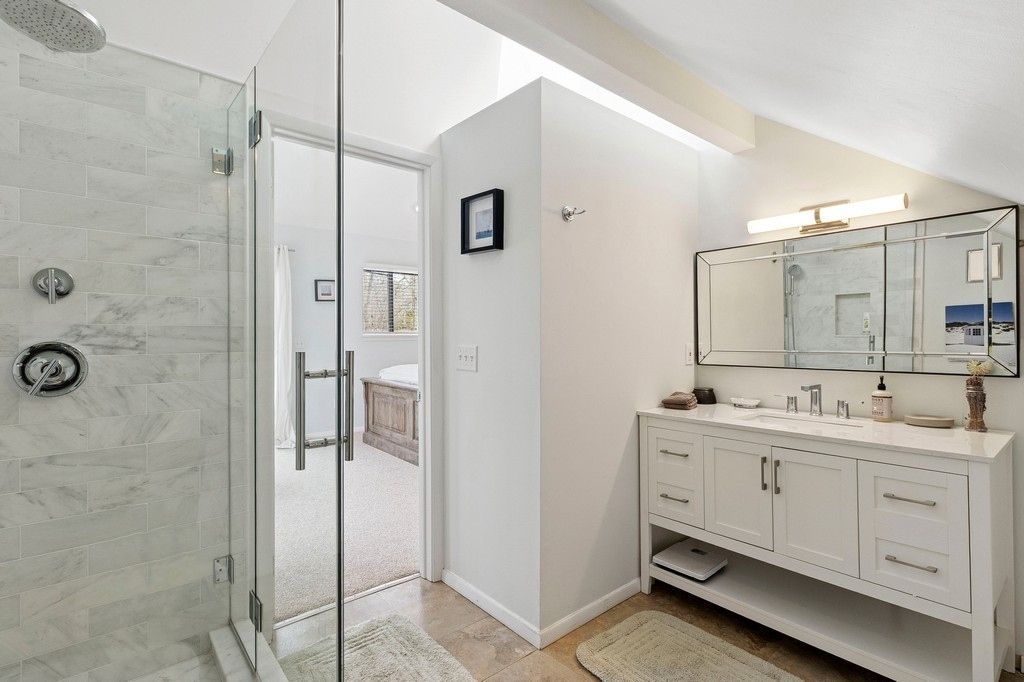 Bathroom, Dual Sink Vanities, Glass Shower, Interior, Marble Walls