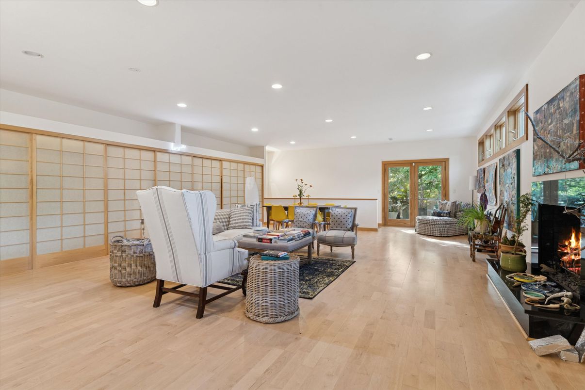 Fireplace, Interior, Living room, Recessed Lighting, Wood Texture Flooring