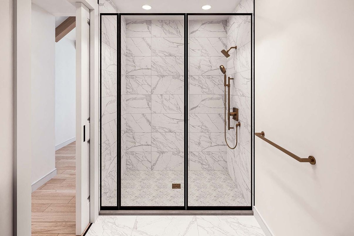 Bathroom, Glass Shower, Interior, Marble, Marble Walls, Recessed Lighting, Wood Texture Flooring
