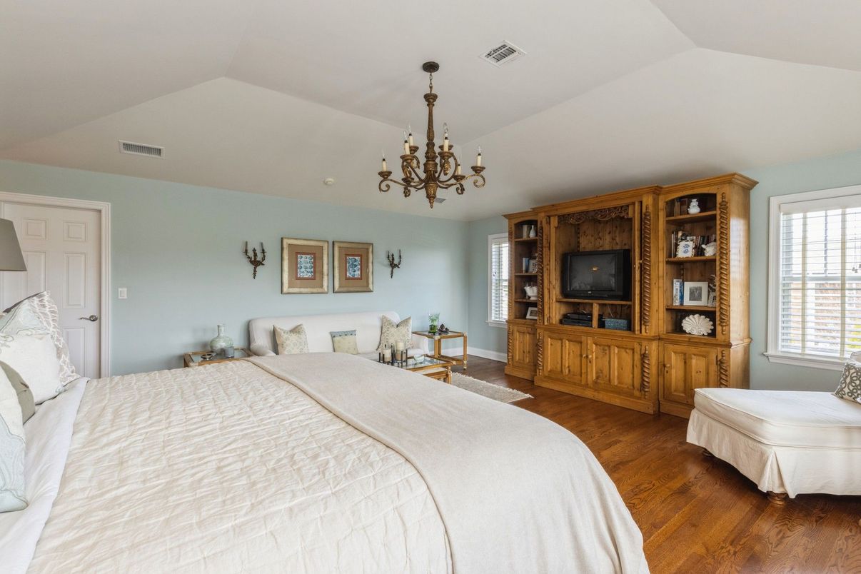 Bedroom, Chandelier, Interior, Wood Texture Flooring
