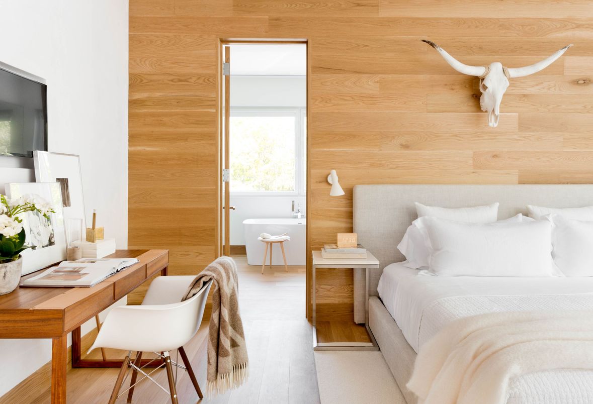 Bedroom, Home Office, Interior, Wood Texture Flooring, Wooden Walls