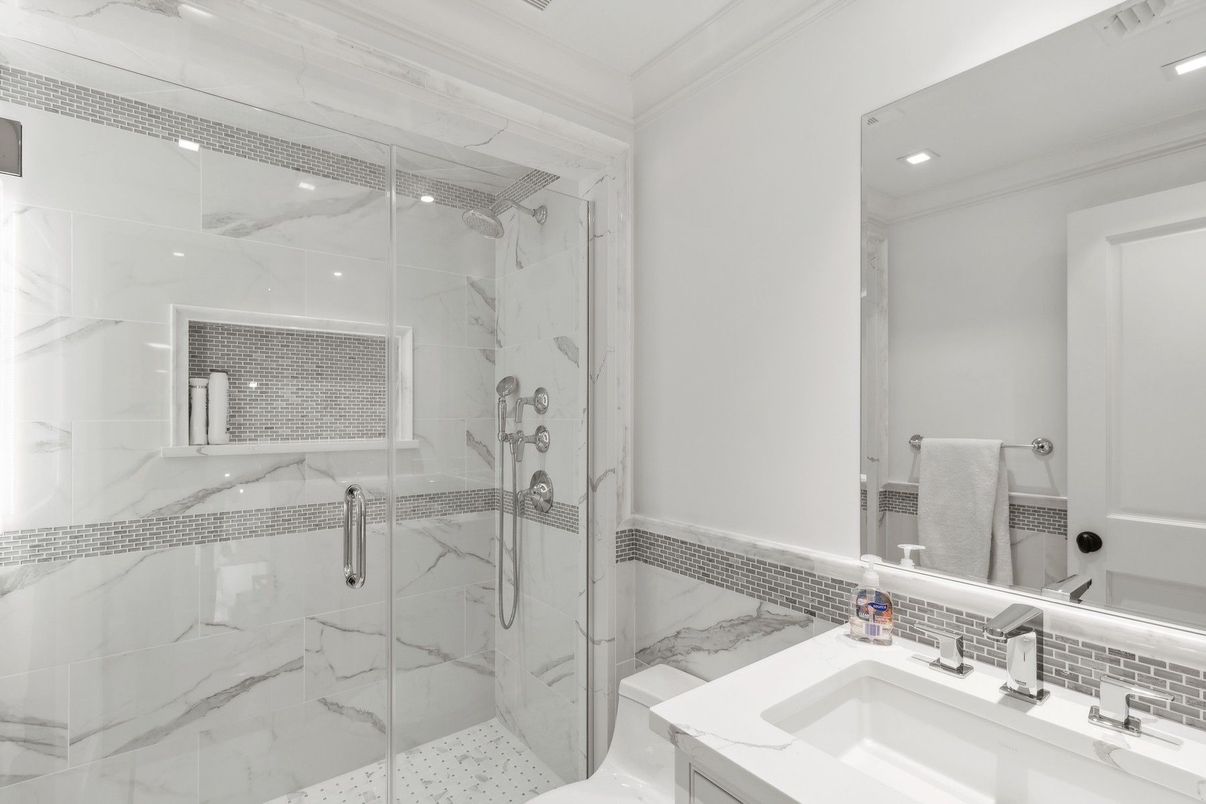 Bathroom, Glass Shower, Interior, Marble, Marble Walls, Recessed Lighting