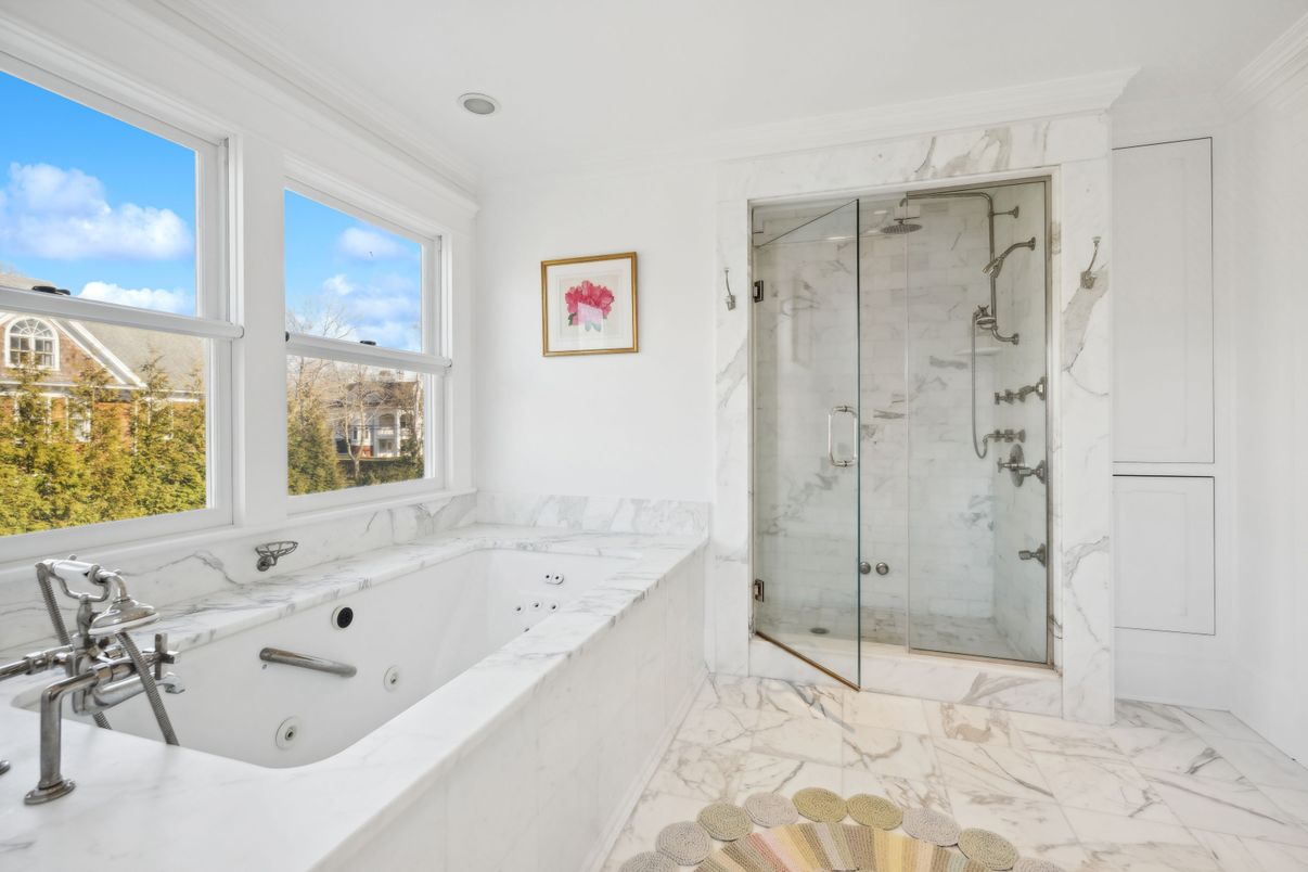 Bathroom, Glass Shower, Interior, Marble, Marble Walls, Recessed Lighting