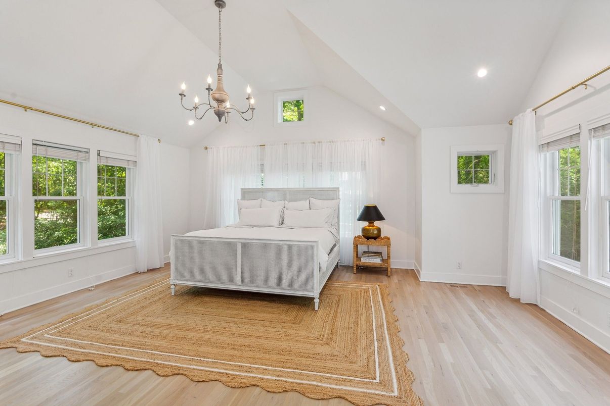 Bedroom, Chandelier, Interior, Recessed Lighting, Wood Texture Flooring