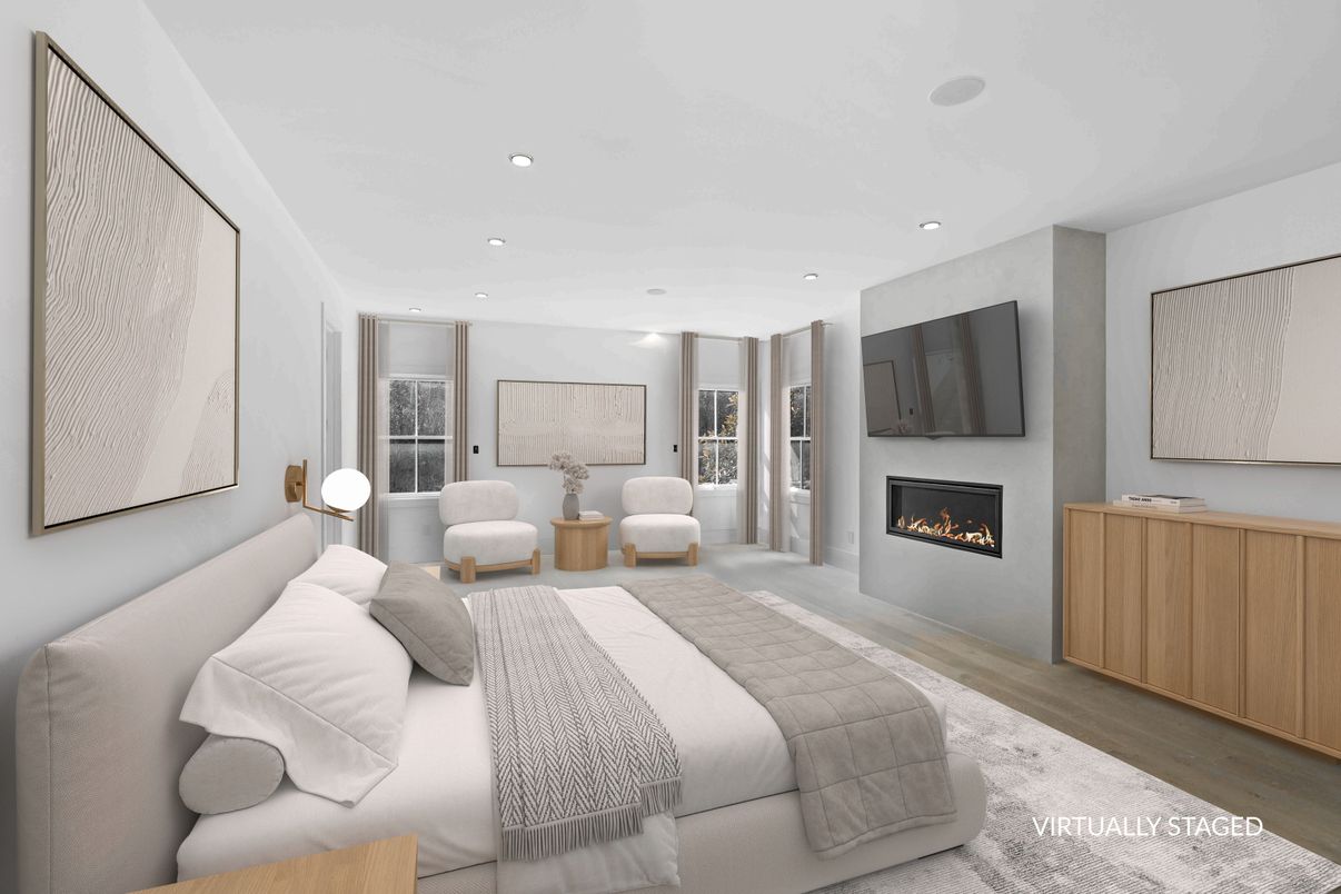 Bedroom, Fireplace, Interior, Recessed Lighting, Wood Texture Flooring