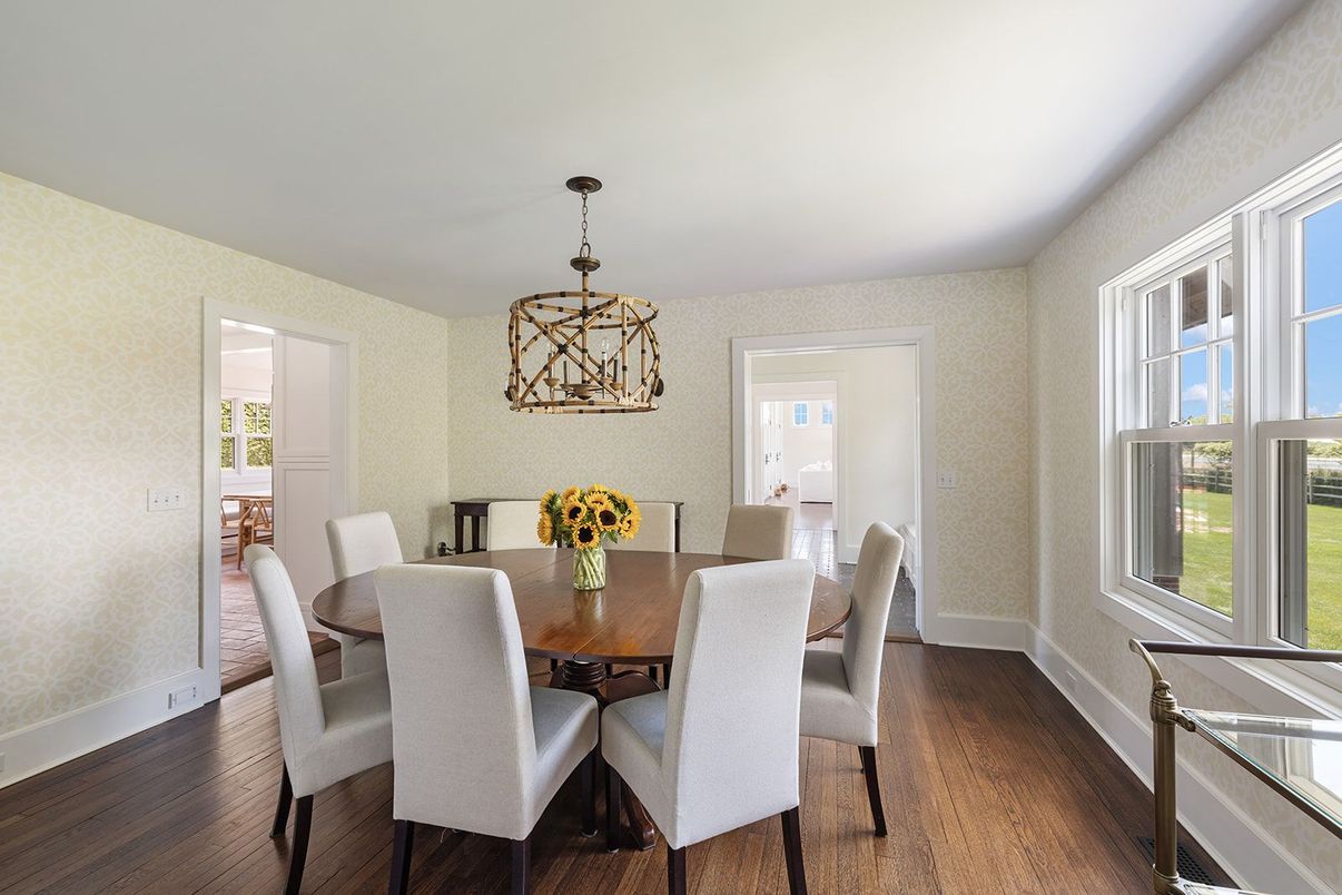 Dining room, Interior, Pendant Lights, Wood Texture Flooring