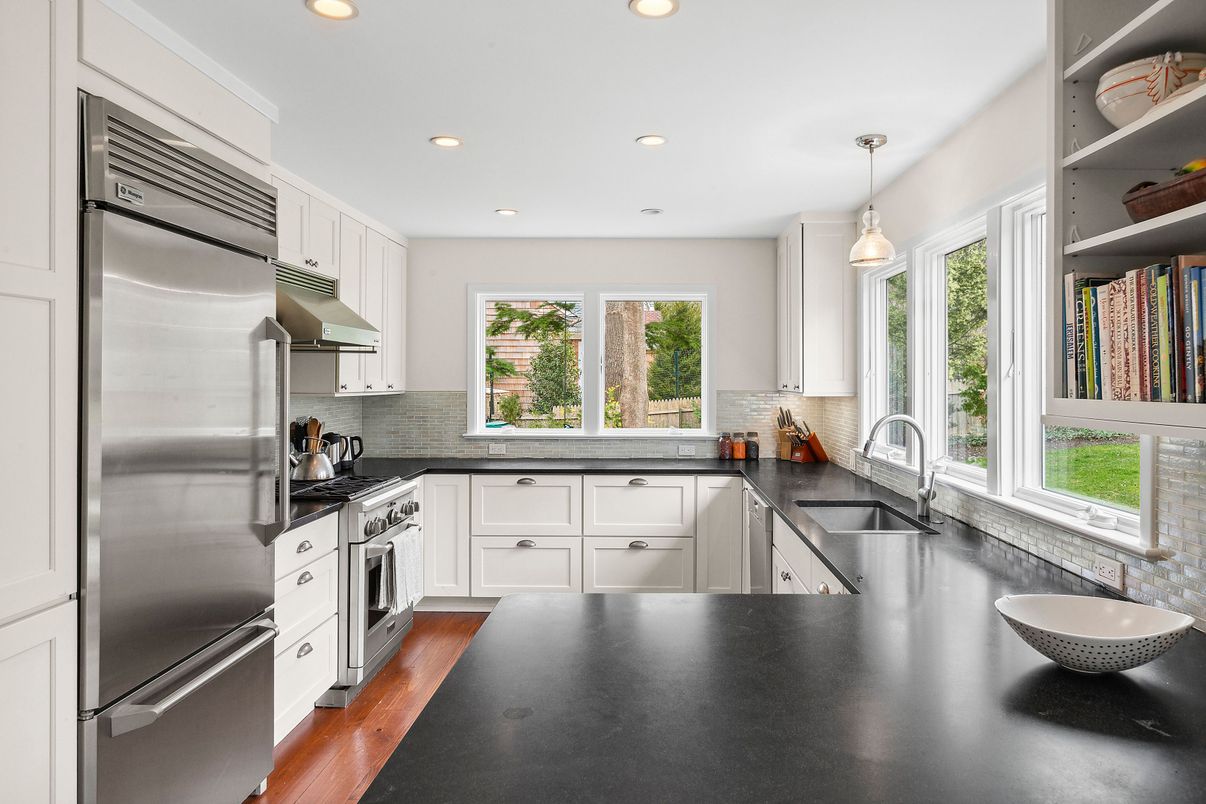 Interior, Kitchen, Pendant Lights, Recessed Lighting, Stainless Steel Appliances, Wood Texture Flooring