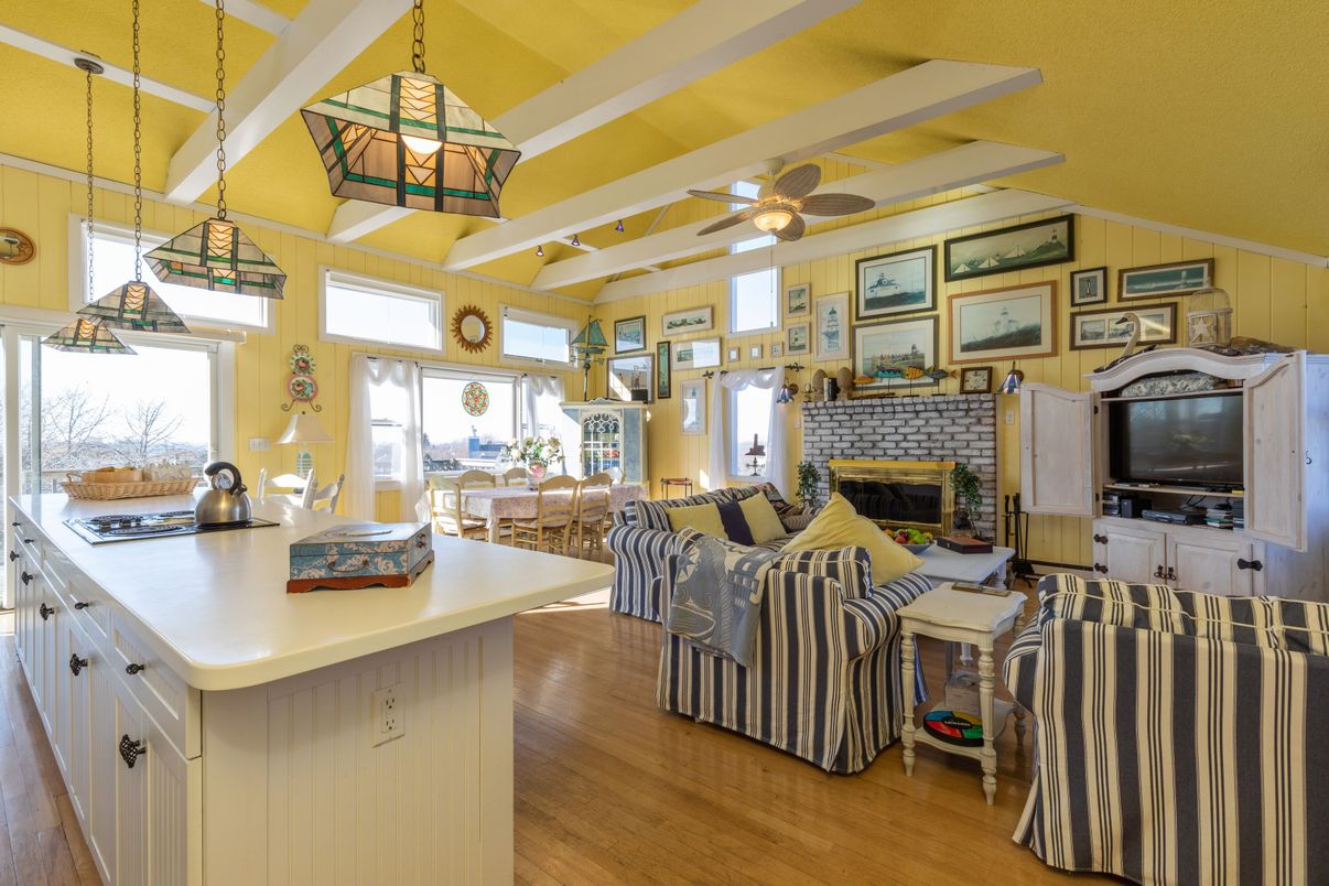 Dining room, Fireplace, Interior, Kitchen, Living room, Pendant Lights, Wood Texture Flooring