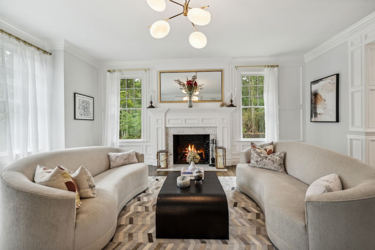 Fireplace, Interior, Living room, Pendant Lights, Wood Texture Flooring