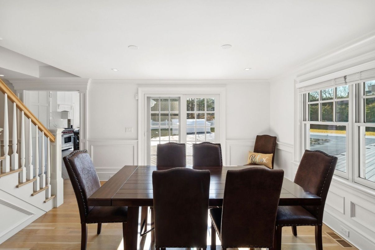 Dining room, Interior, Recessed Lighting, Wood Texture Flooring