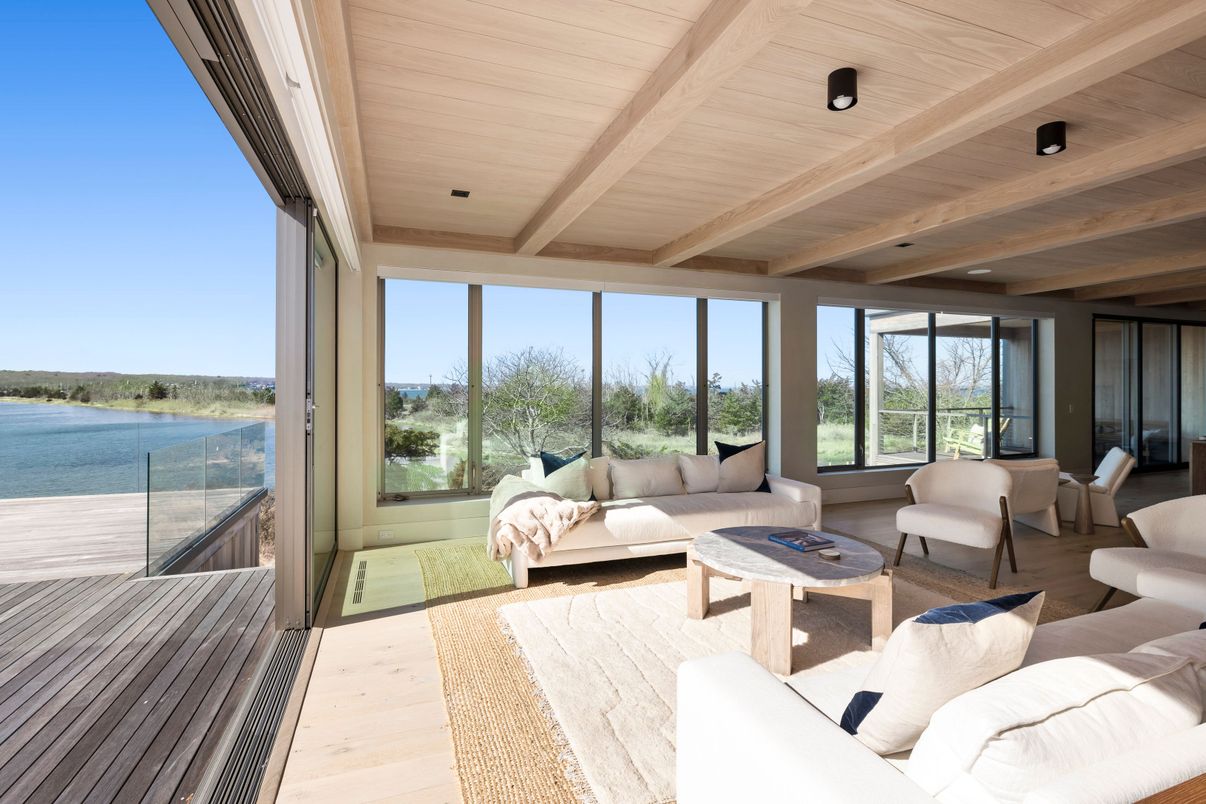 Interior, Living room, Recessed Lighting, Water, Wooden Beams, Wooden Ceilings, Wood Texture Flooring