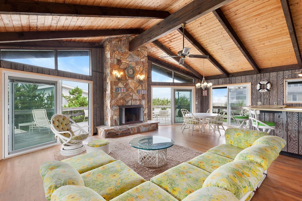 Chandelier, Dining room, Fireplace, Interior, Living room, Stone Walls, Wooden Beams, Wooden Ceilings, Wood Texture Flooring