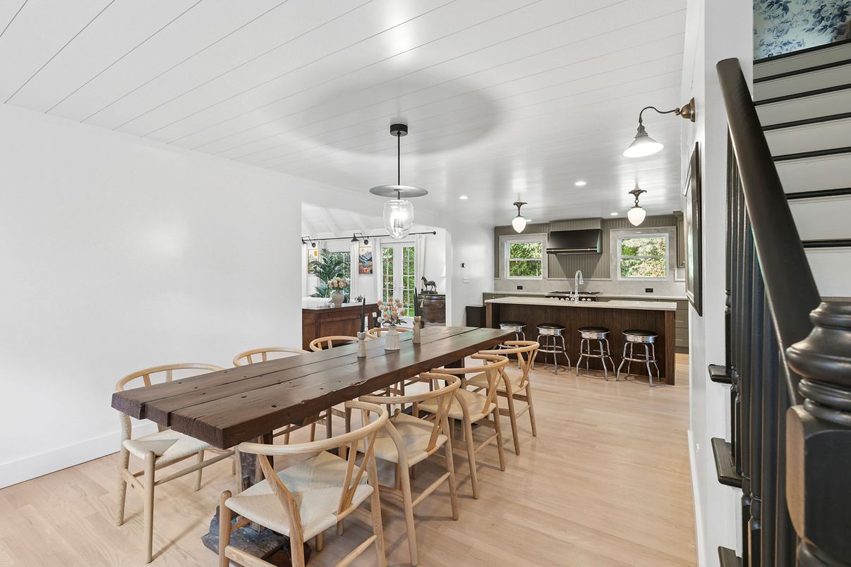 Dining room, Interior, Pendant Lights, Recessed Lighting, Wood Texture Flooring