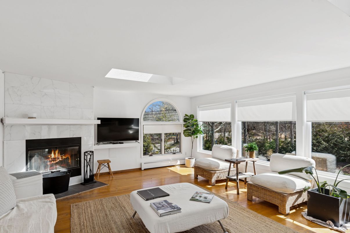 Fireplace, Interior, Living room, Marble Walls, Wood Texture Flooring