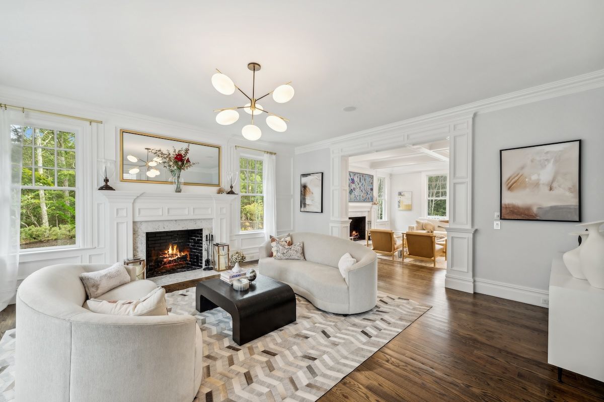 Fireplace, Interior, Living room, Pendant Lights, Wood Texture Flooring