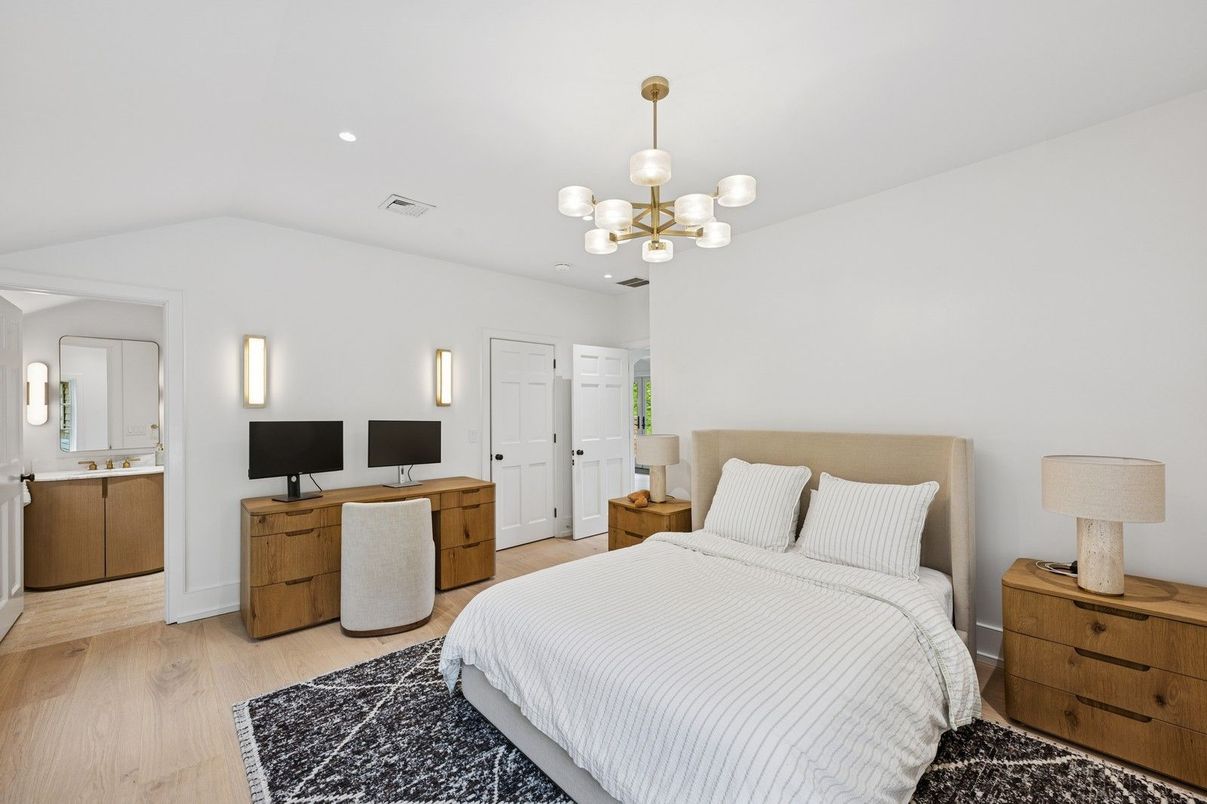 Bedroom, Interior, Pendant Lights, Recessed Lighting, Wood Texture Flooring