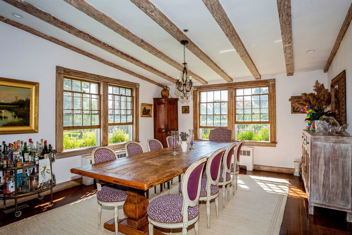 Chandelier, Dining room, Interior, Recessed Lighting, Wooden Beams, Wood Texture Flooring