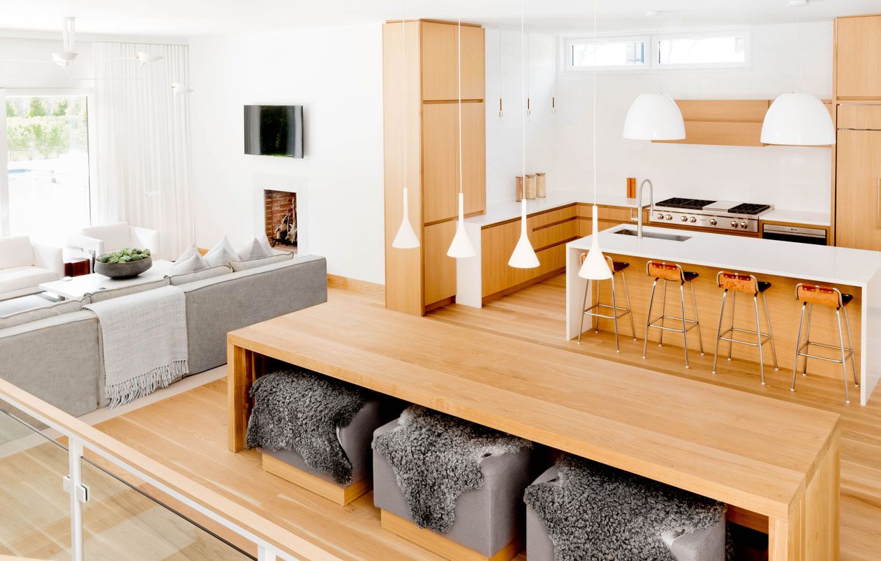 Interior, Kitchen, Living room, Pendant Lights, Stainless Steel Appliances, Wood Texture Flooring