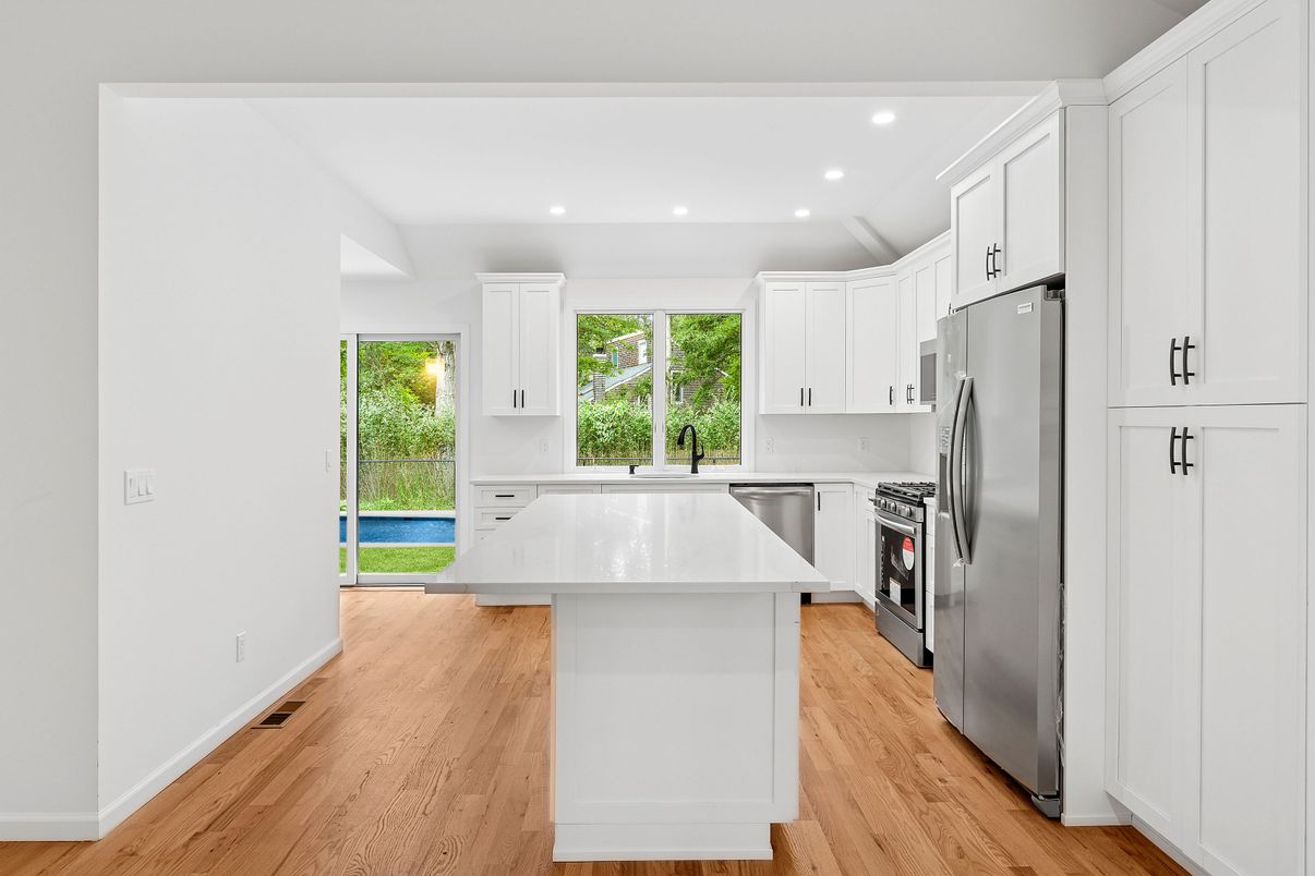 Interior, Kitchen, Recessed Lighting, Stainless Steel Appliances, Wood Texture Flooring