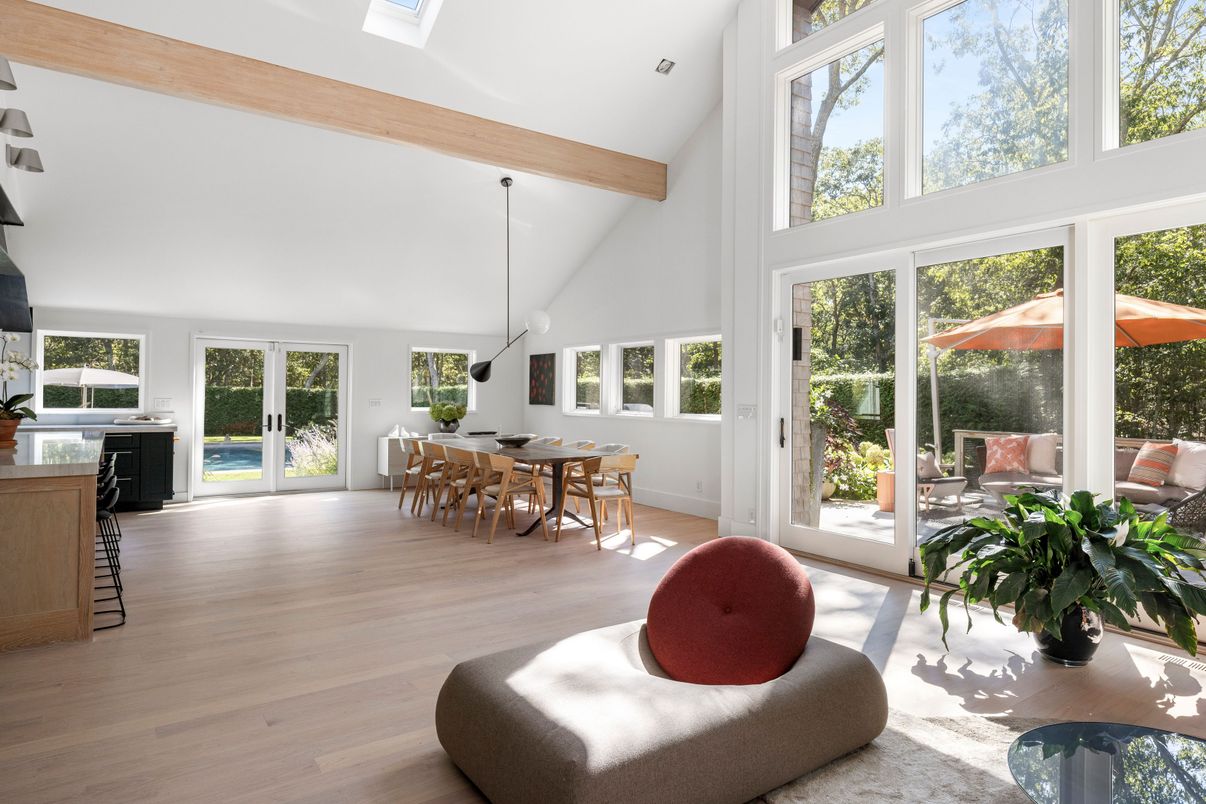 Dining room, Interior, Pendant Lights, Wooden Beams, Wood Texture Flooring