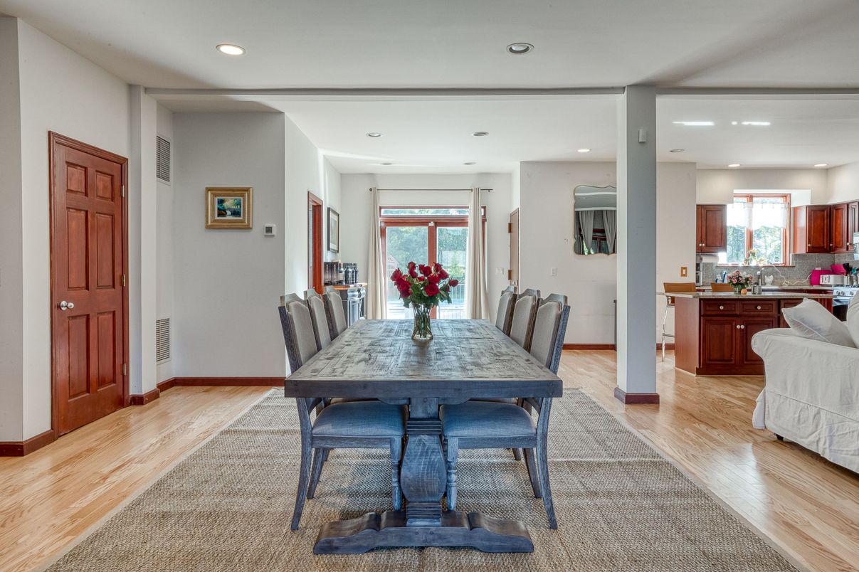 Dining room, Interior, Kitchen, Recessed Lighting, Wood Texture Flooring