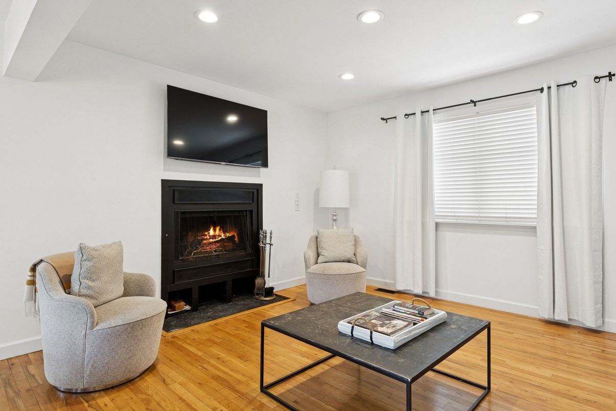 Fireplace, Interior, Living room, Recessed Lighting, Wood Texture Flooring