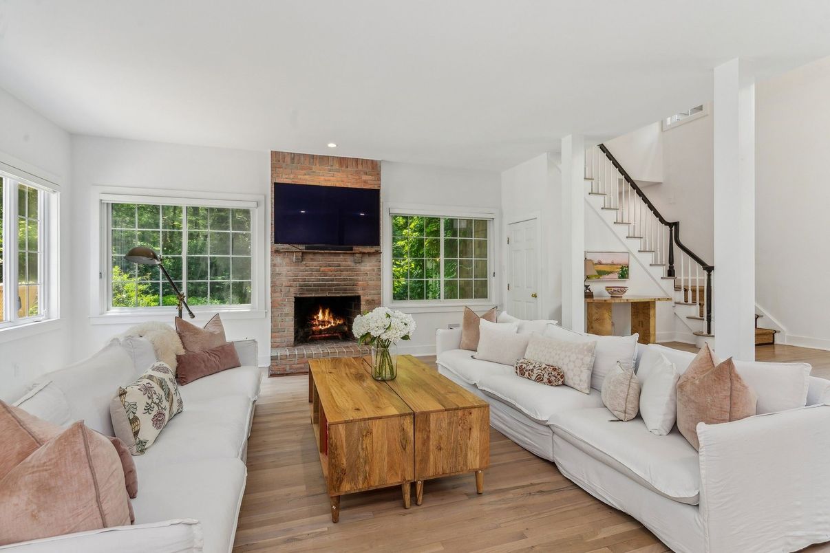 Fireplace, Interior, Living room, Recessed Lighting, Wood Texture Flooring