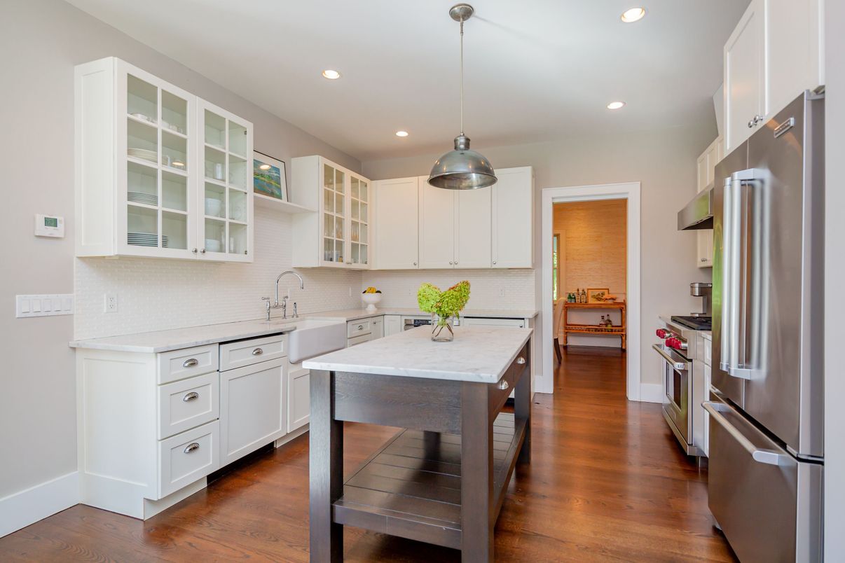 Interior, Kitchen, Pendant Lights, Recessed Lighting, Stainless Steel Appliances, Wood Texture Flooring