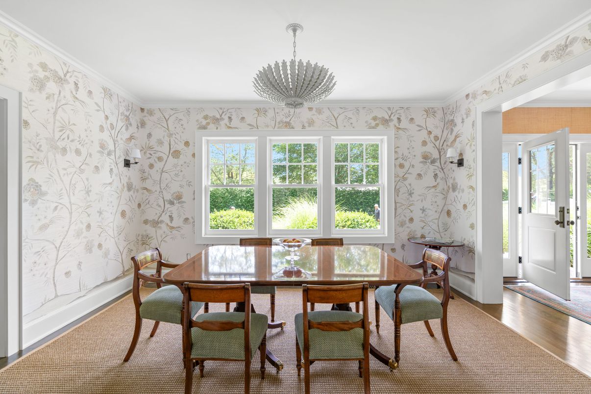 Dining room, Interior, Pendant Lights, Wood Texture Flooring
